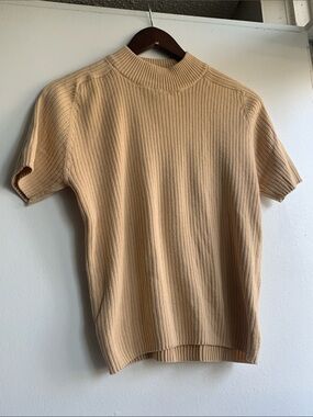 Cotton Ginny Ribbed Short Sleeve Mock Neck Top - Beige